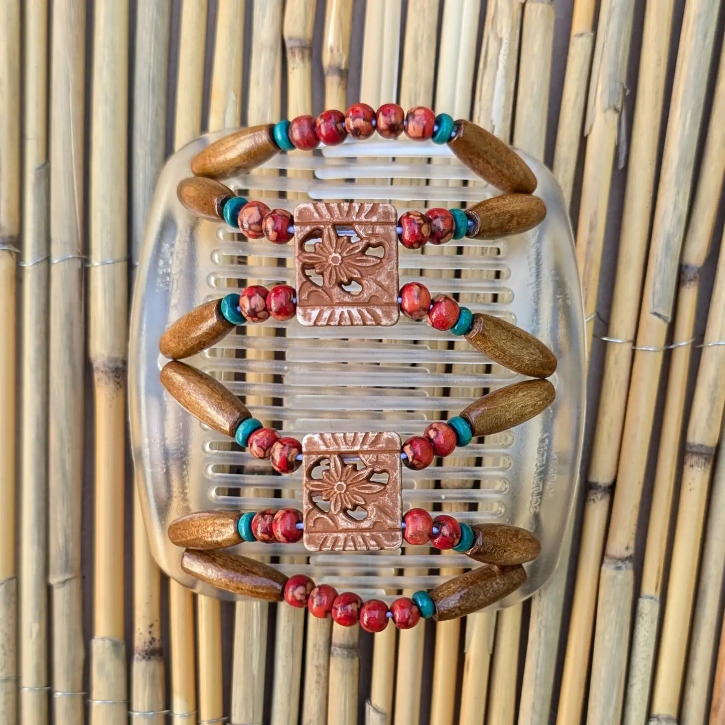 African Butterfly "Dupla" mit braun-rot-türkisen Holzperlen durchsichtig