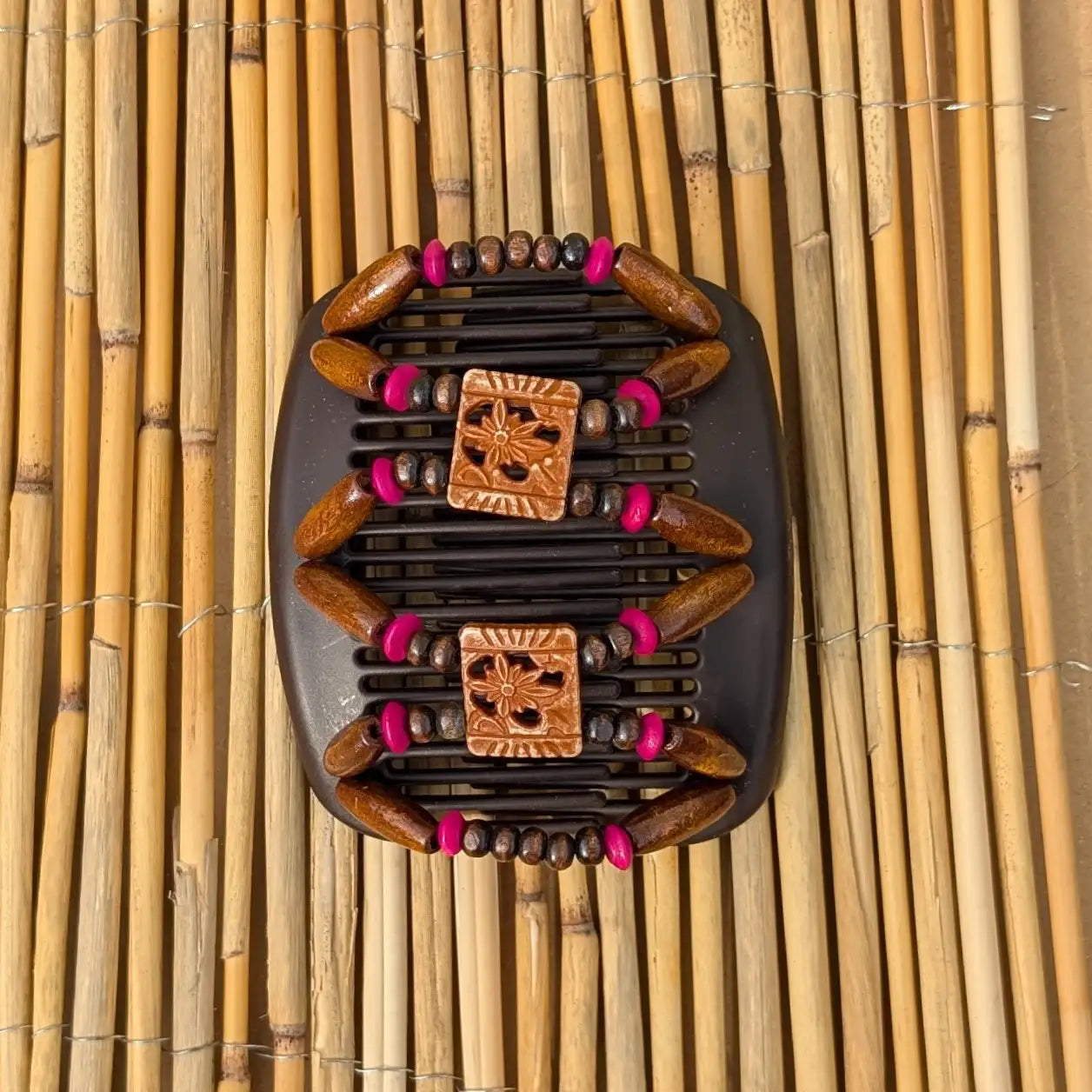 African Butterfly "Dupla" mit braunen-pinken Holzperlen braun