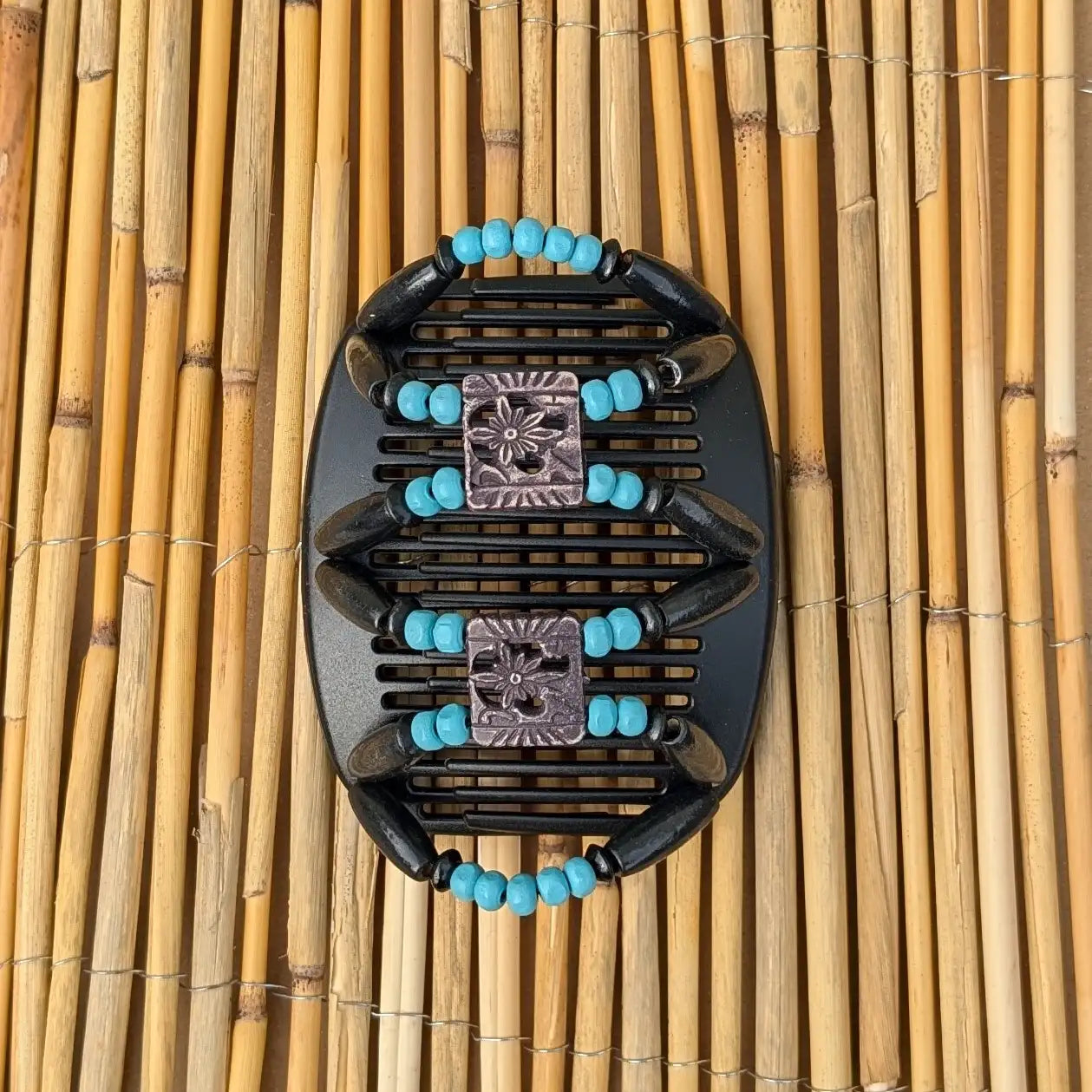 African Butterfly "Dupla" mit schwarz-türkisen Holzperlen schwarz