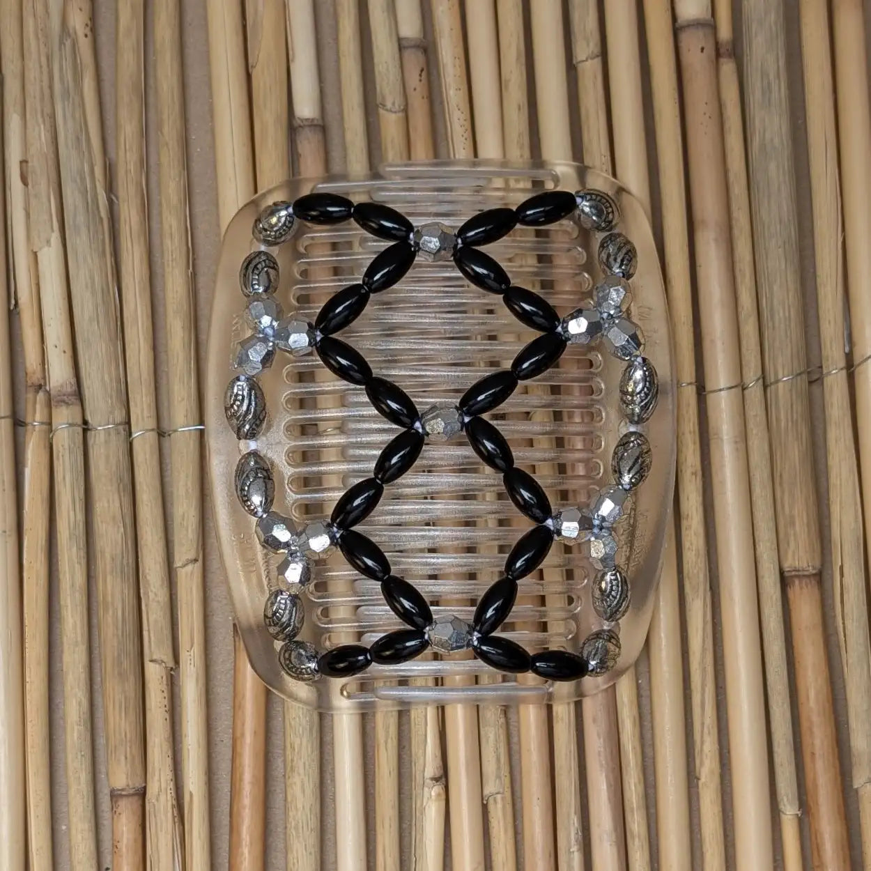 African Butterfly transparenter Kamm mit silber schwarzen Kunstperlen