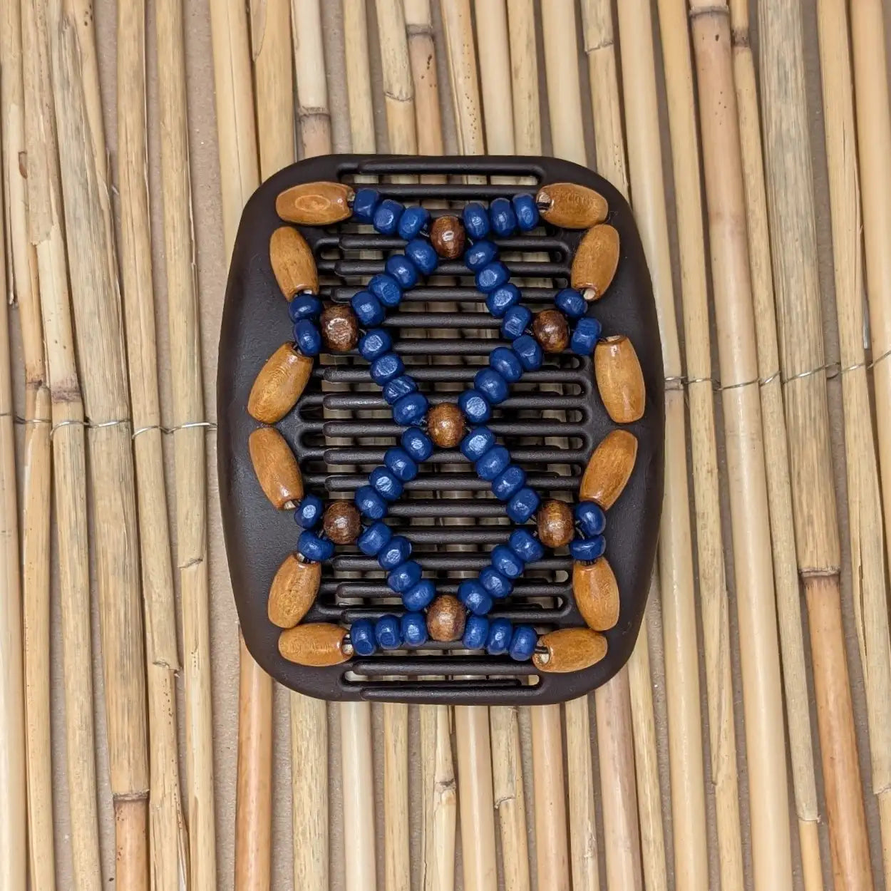 African Butterfly brauner Kamm mit braun blauen Holzperlen