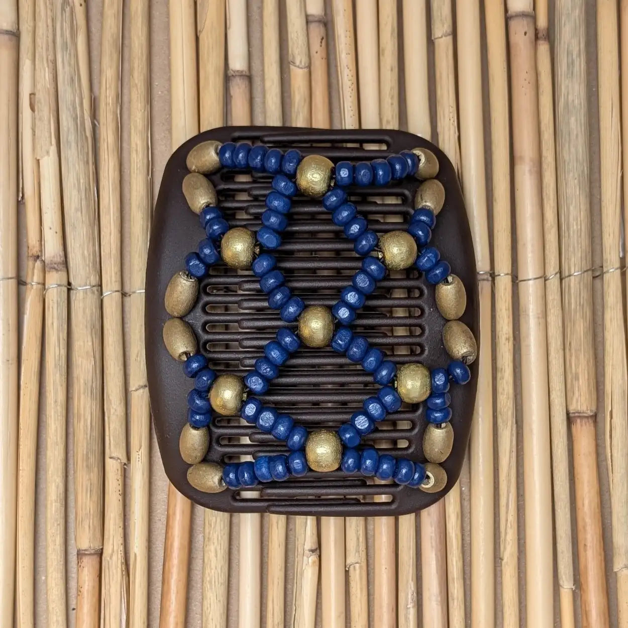 African Butterfly brauner Kamm mit gold blauen Holzperlen