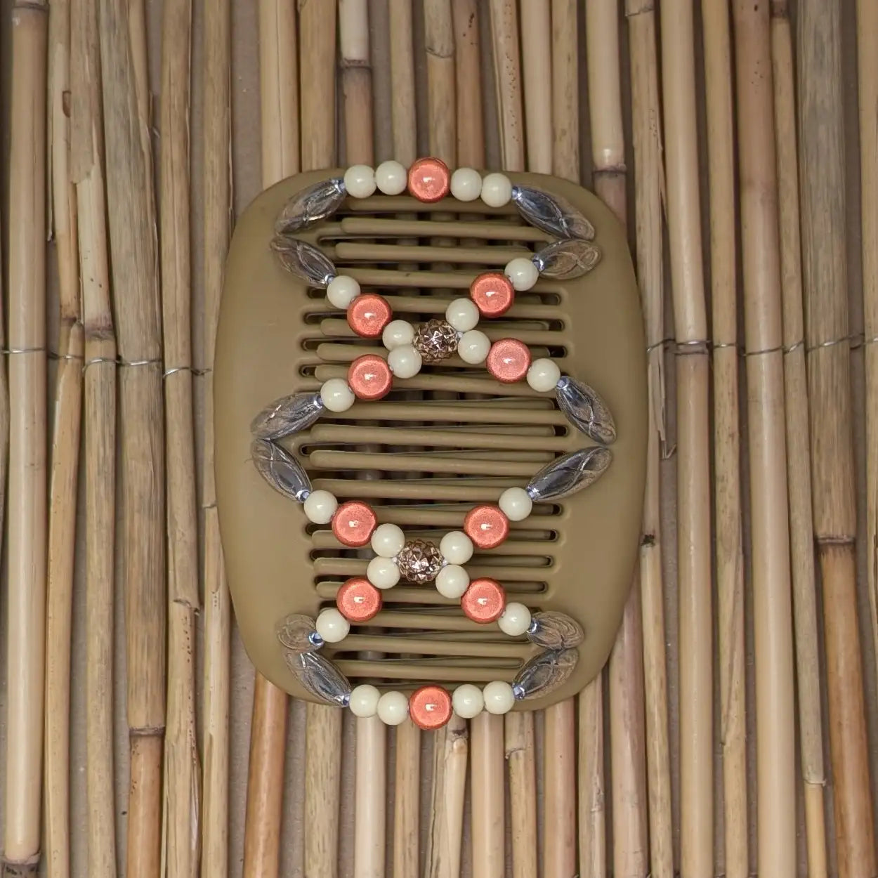 African Butterfly beiger Kamm mit silber orangen Kunstperlen