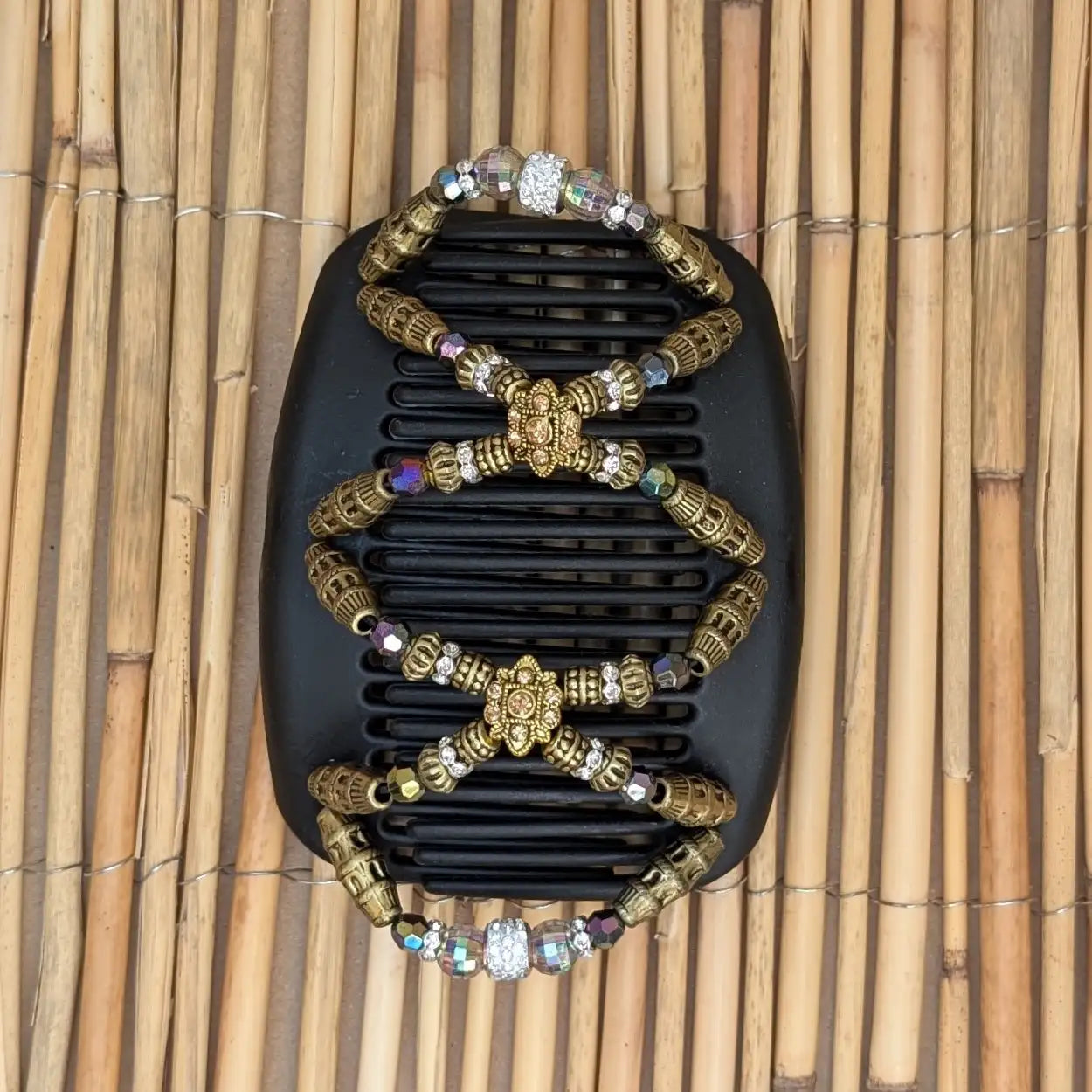 African Butterfly Deluxe "Dalena" mit gold-regenbogen Kunstperlen schwarz
