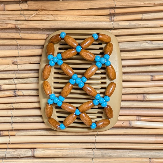 African Butterfly "Ndbele" mit braun-türkis Holzperlen beige