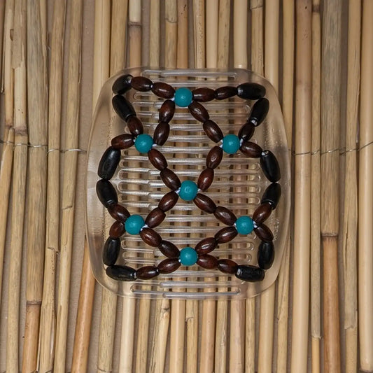 African Butterfly "Ndebele" mit braun-blauen Holzperlen durchsichtig