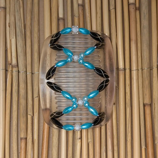 African Butterfly "Dalena" mit schwarz-türkisen Kunstperlen durchsichtig