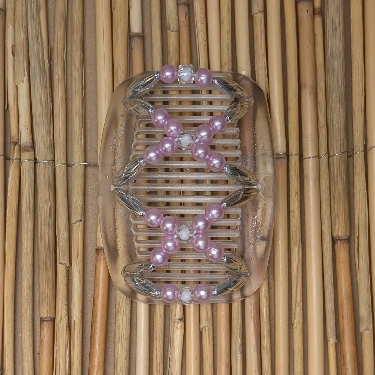 African Butterfly "Dalena" mit silbernen-rosa Kunstperlen durchsichtig