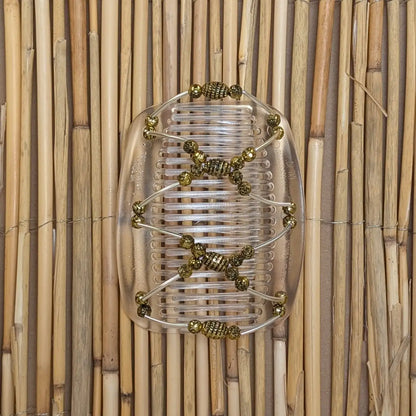 Durchsichtiger African Butterfly Haarkamm mit goldenen Kunstperlen mit feinen Metallstäben - flexibler Haarschmuck für Hochsteckfrisuren.