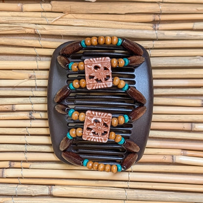 African Butterfly "Dupla" mit braun-petrolfarbenen Holzperlen braun