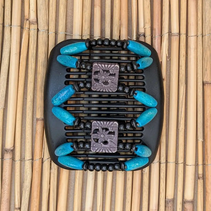 African Butterfly "Dupla" mit blau-schwarzen Holzperlen schwarz