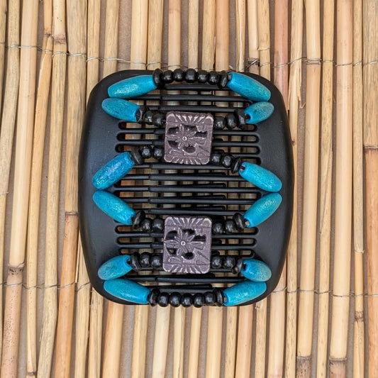 African Butterfly "Dupla" mit blau-schwarzen Holzperlen schwarz