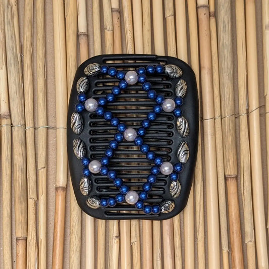 African Butterfly schwarzer Kamm mit silber blauen Kunstperlen
