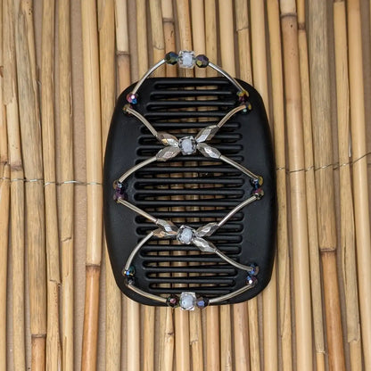 African Butterfly schwarzer Kamm mit regenbogen und silbernen Kunstperlen die mit silbernen Stäben verbunden sind