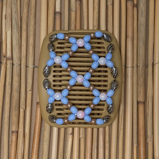 African Butterfly beiger Kamm mit hellblau goldenen rosafarbenen Kunstperlen