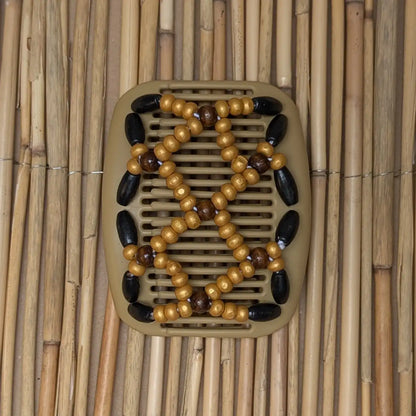 African Butterfly beiger Kamm mit schwarz goldenen braunen Holzperlen