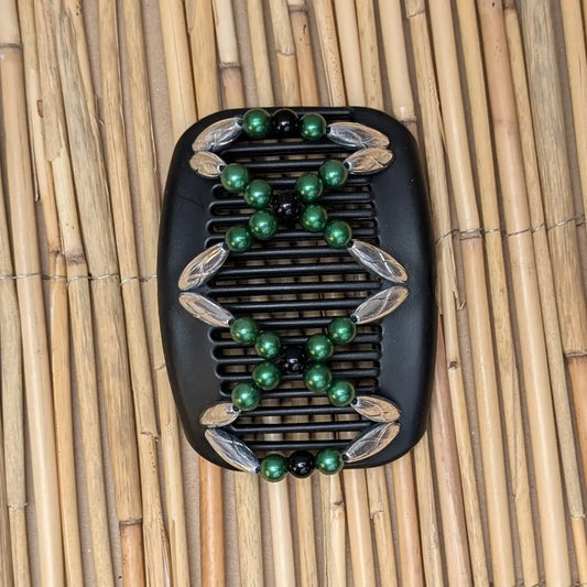 African Butterfly schwarzer Kamm mit silber grünen Kunstperlen